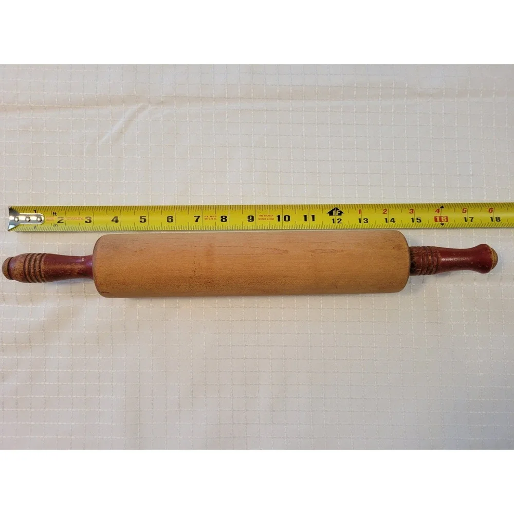 Vintage Wooden Rolling Pin Red Painted Handles Farmhouse Kitchen Primitive